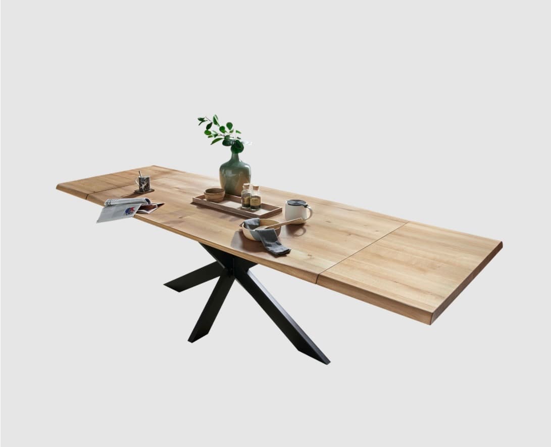 Eichentisch mit Ansteckplatte 200x100x75 bis 300 cm verlegner, Wildeiche massiv geölt,
