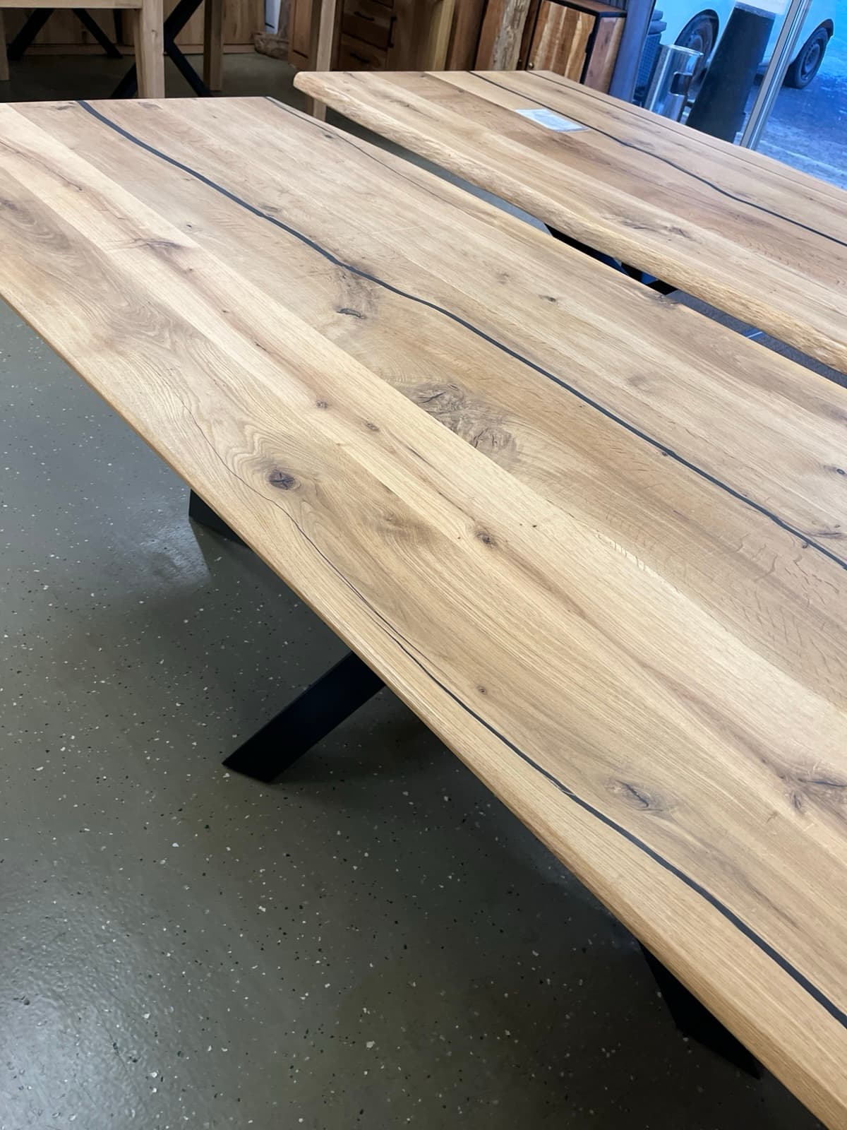 Esstisch Tisch + Massivholz Eiche 240x100x75 cm Epoxidharz mit Stern / Doppel X und U Gestell – Bild 13